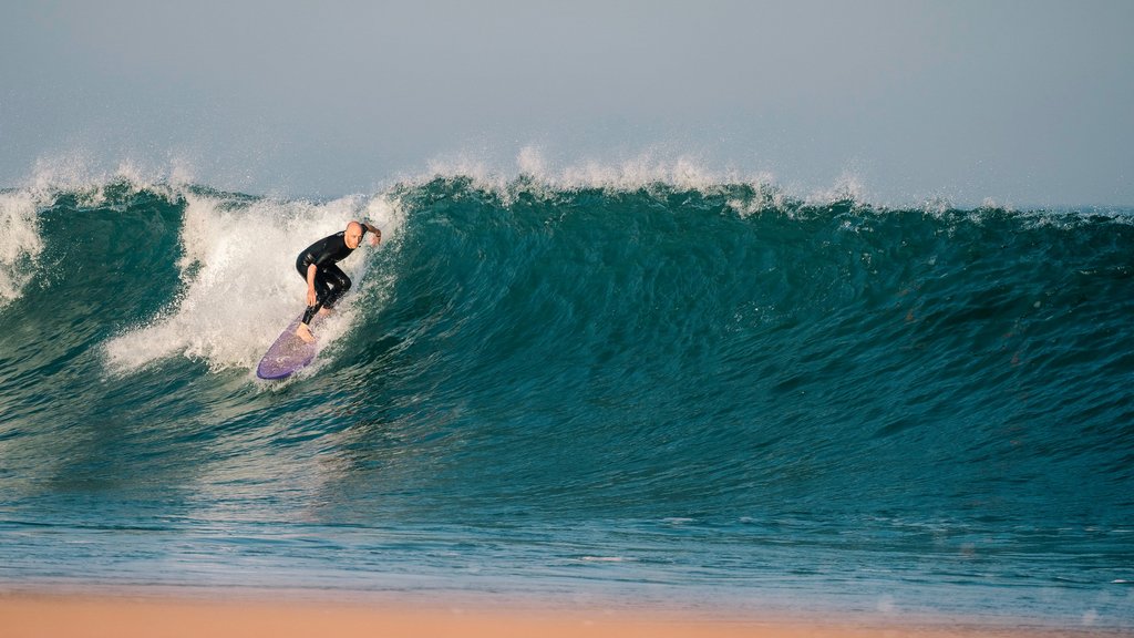 Ein Surfer auf einem lila Surfbrett